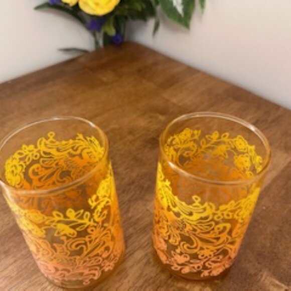Vintage Libbey Amber Ombre Floral Paisley Glasses Set of 2 Mid-Century Juice or - Picture 3 of 5